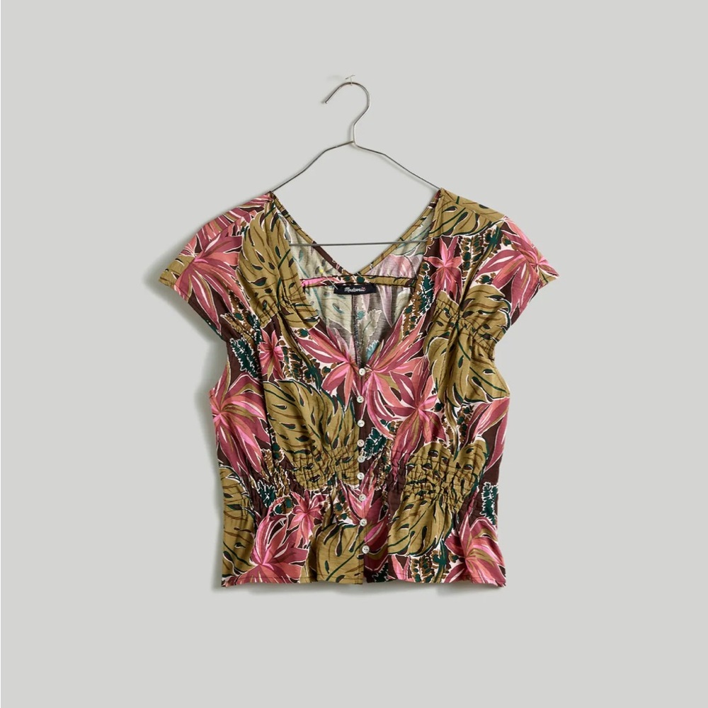 Madewell Shirred Cap-Sleeve Top in Brushstroke Monstera